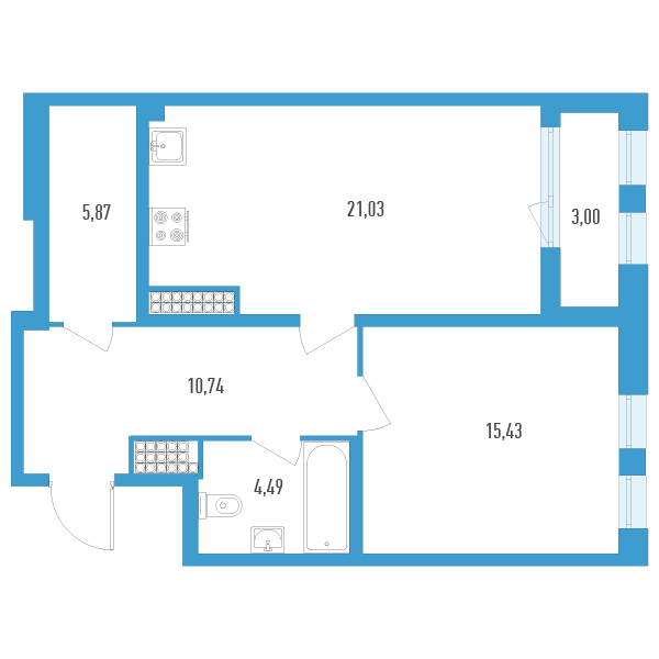 1-комнатная квартира, 59.06 м² - планировка, фото №1