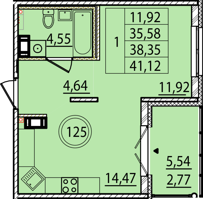 1-комнатная квартира, 35.58 м² в ЖК "Образцовый квартал 15" - планировка, фото №1