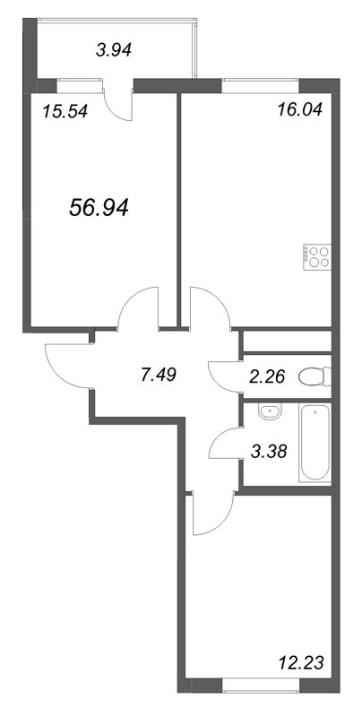 3-комнатная (Евро) квартира, 56.94 м² - планировка, фото №1