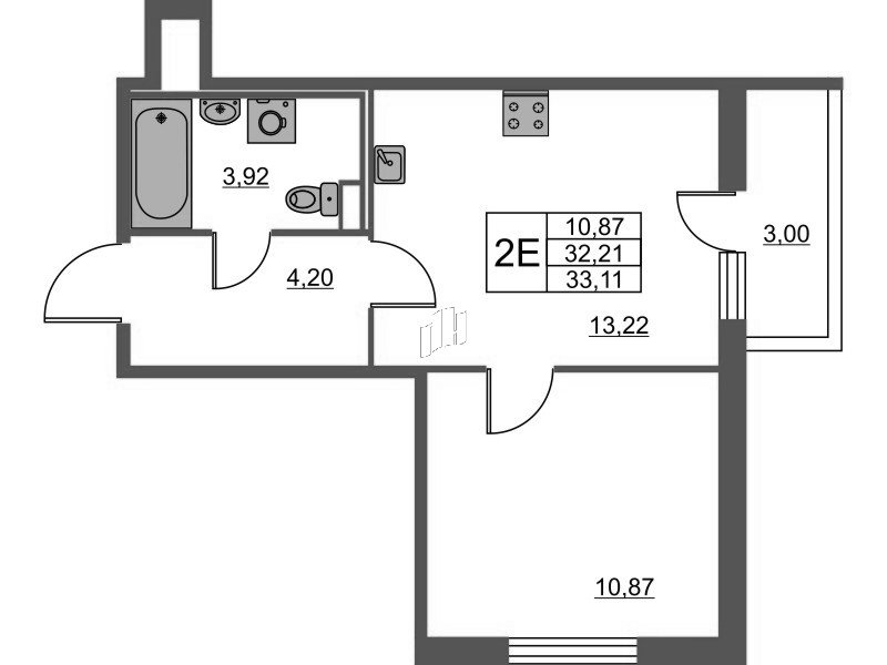 2-комнатная (Евро) квартира, 33.11 м² - планировка, фото №1