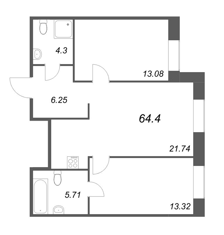 3-комнатная (Евро) квартира, 64.4 м² - планировка, фото №1