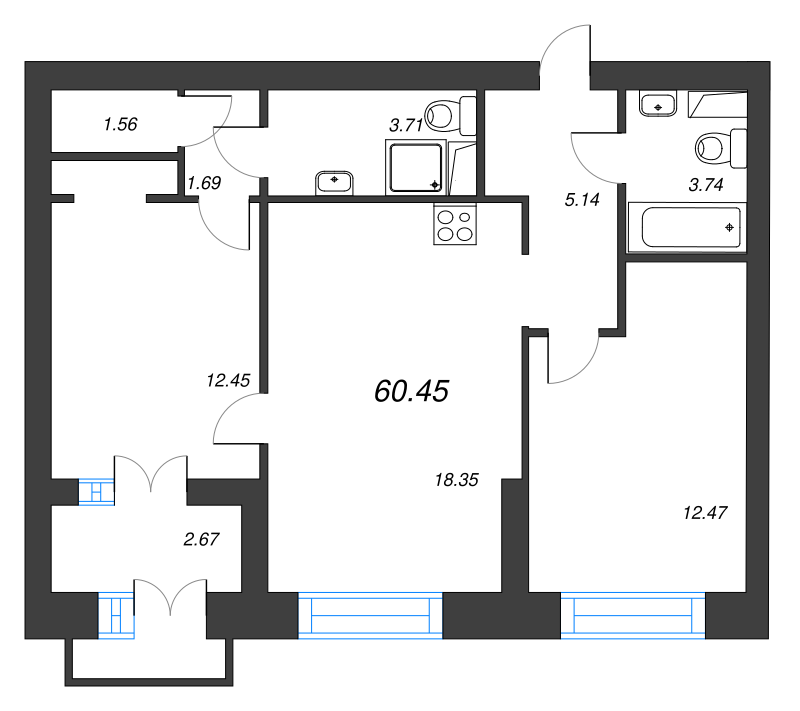 3-комнатная (Евро) квартира, 65 м² - планировка, фото №1