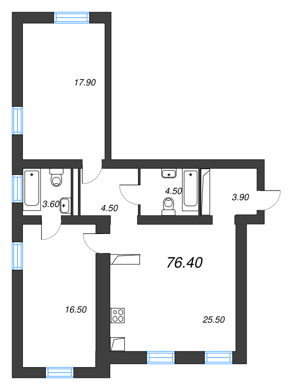2-комнатная квартира, 76.5 м² в ЖК "Аура" - планировка, фото №1