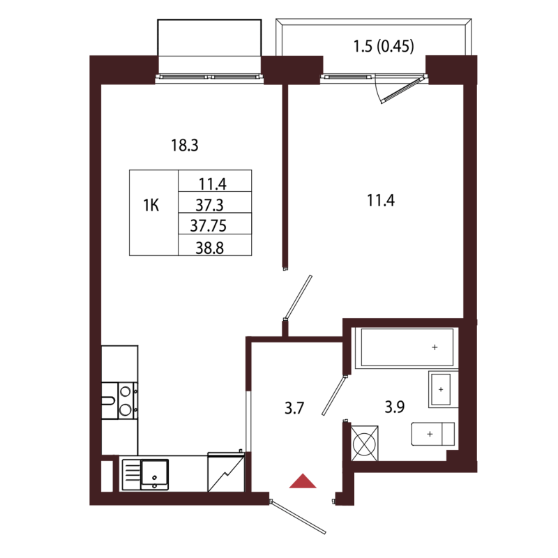 2-комнатная (Евро) квартира, 37.75 м² в ЖК "Лисино" - планировка, фото №1