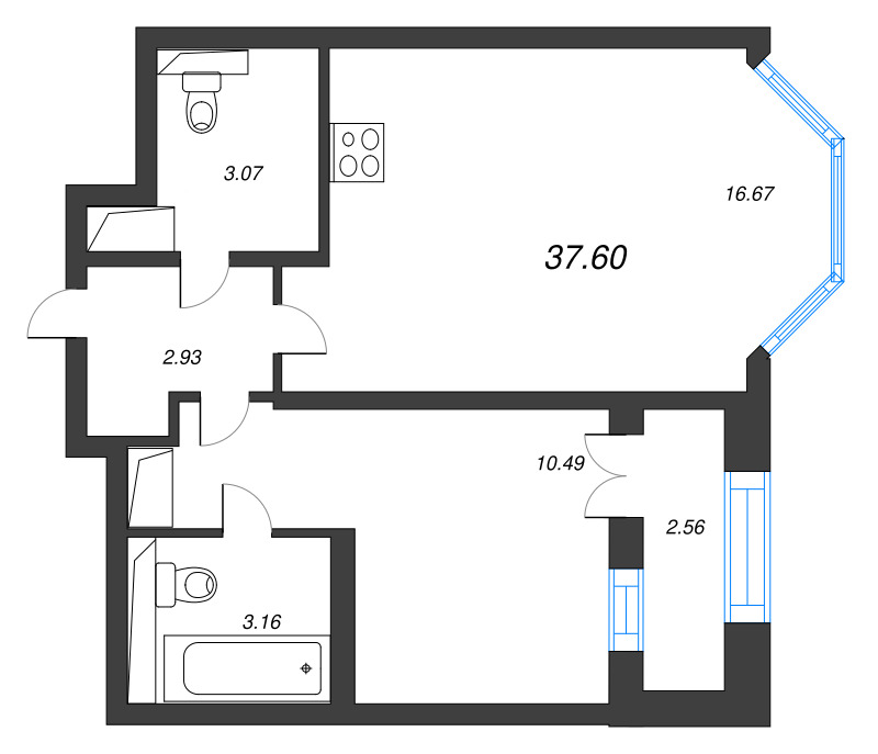 2-комнатная (Евро) квартира, 37.6 м² в ЖК "Цивилизация на неве" - планировка, фото №1