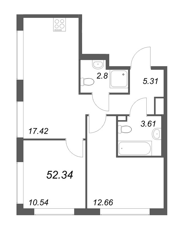 3-комнатная (Евро) квартира, 52.34 м² в ЖК "GloraX Василеостровский" - планировка, фото №1