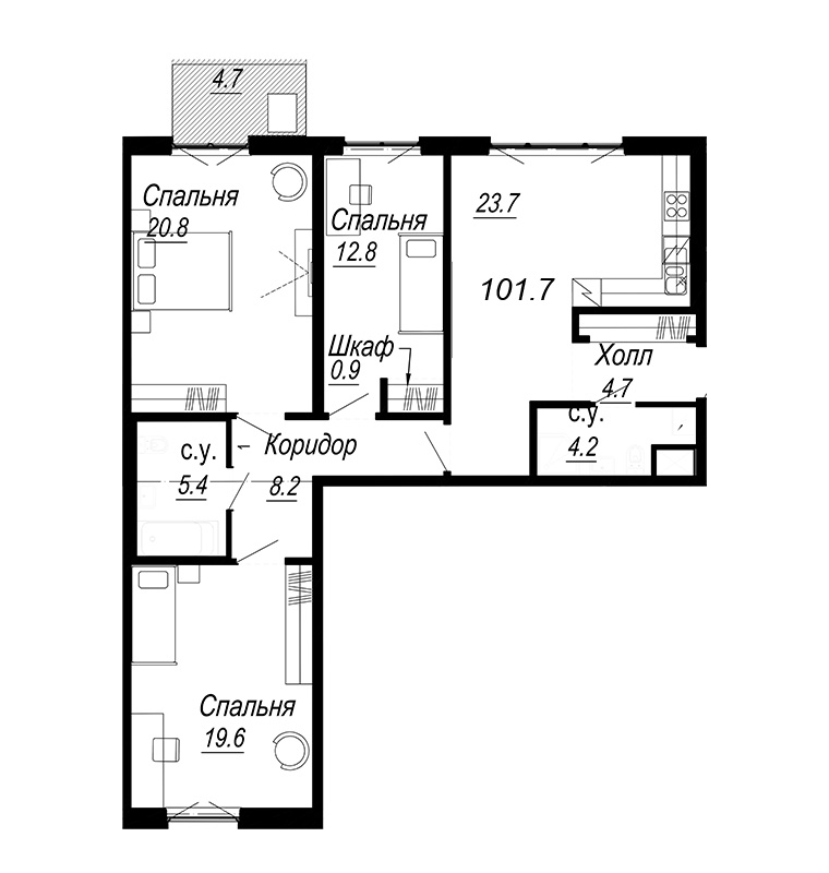 4-комнатная (Евро) квартира, 105.08 м² - планировка, фото №1