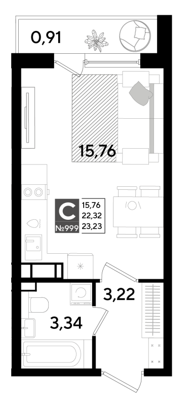 Квартира-студия, 23.23 м² в ЖК "Догма Юкки" - планировка, фото №1