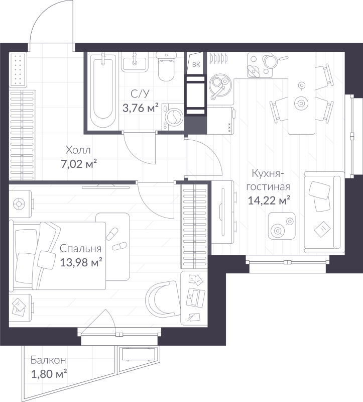 1-комнатная квартира, 39.52 м² в ЖК "VEREN NORT сертолово" - планировка, фото №1