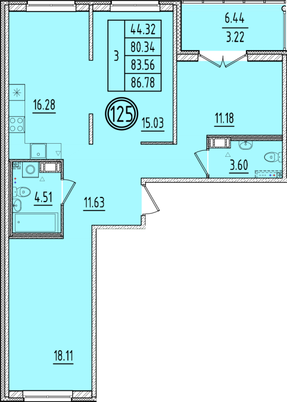 4-комнатная (Евро) квартира, 80.34 м² в ЖК "Образцовый квартал 6.4" - планировка, фото №1