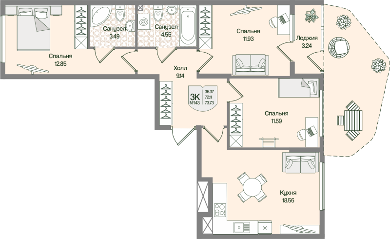 4-комнатная (Евро) квартира, 73.73 м² в ЖК "Охтинские высоты" - планировка, фото №1