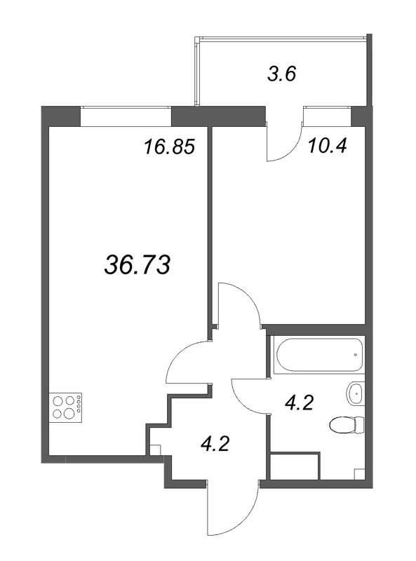 2-комнатная (Евро) квартира, 36.73 м² - планировка, фото №1