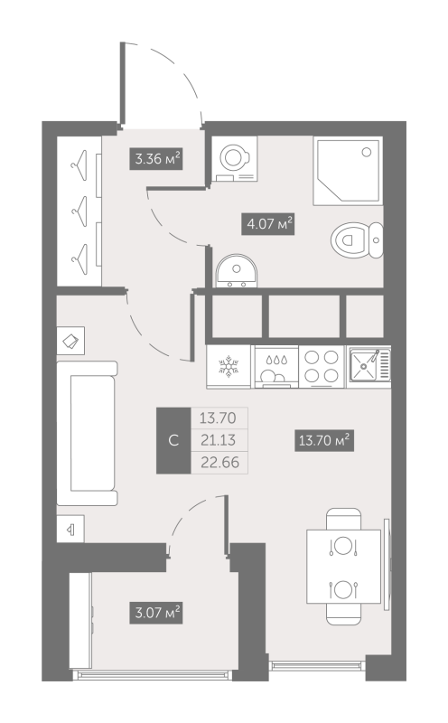 Квартира-студия, 22.66 м² в ЖК "UP-квартал Новый Московский" - планировка, фото №1