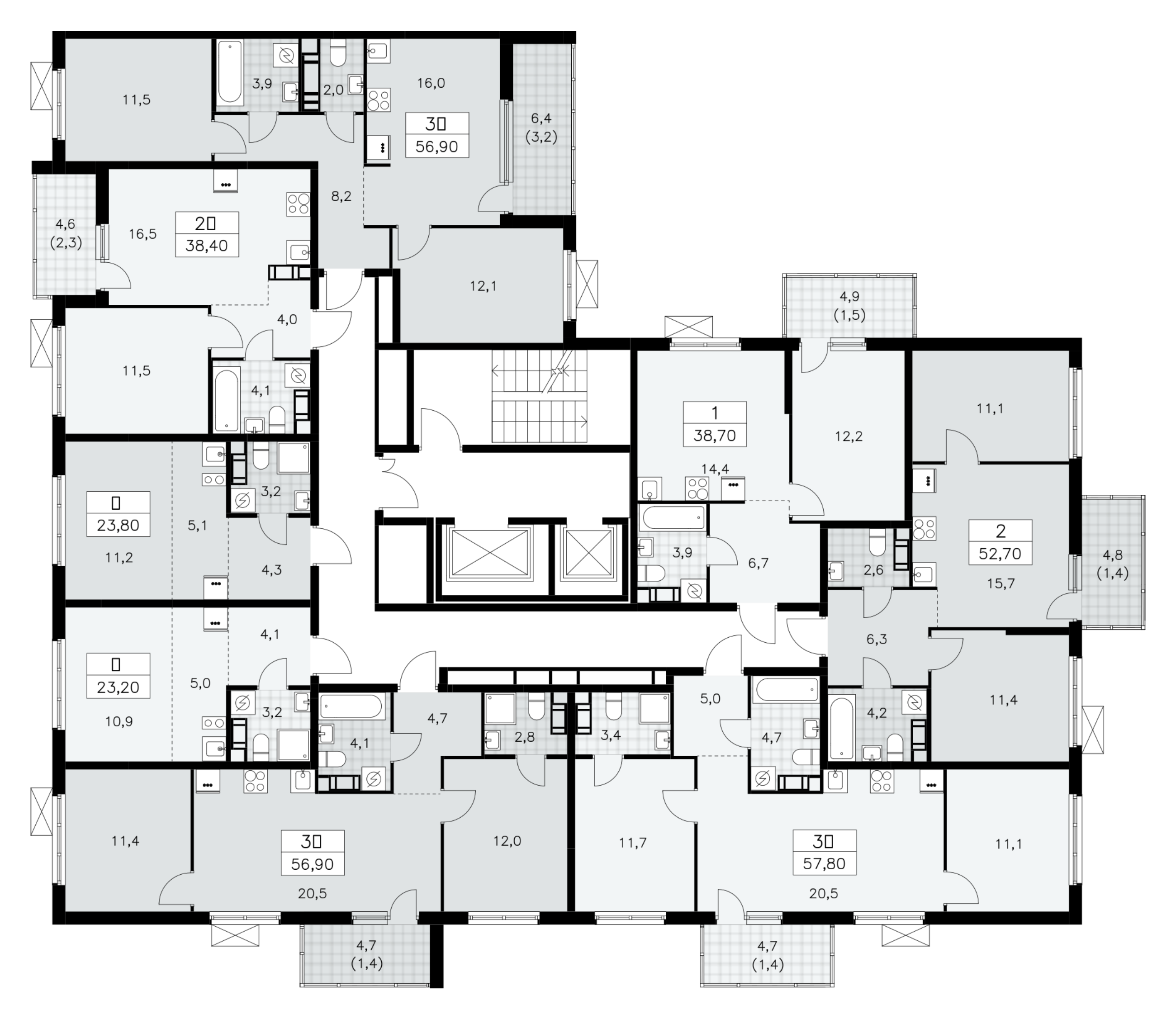 3-комнатная (Евро) квартира, 57.8 м² - планировка этажа