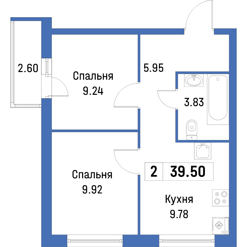 2-комнатная квартира, 39.5 м² в ЖК "Урбанист" - планировка, фото №1