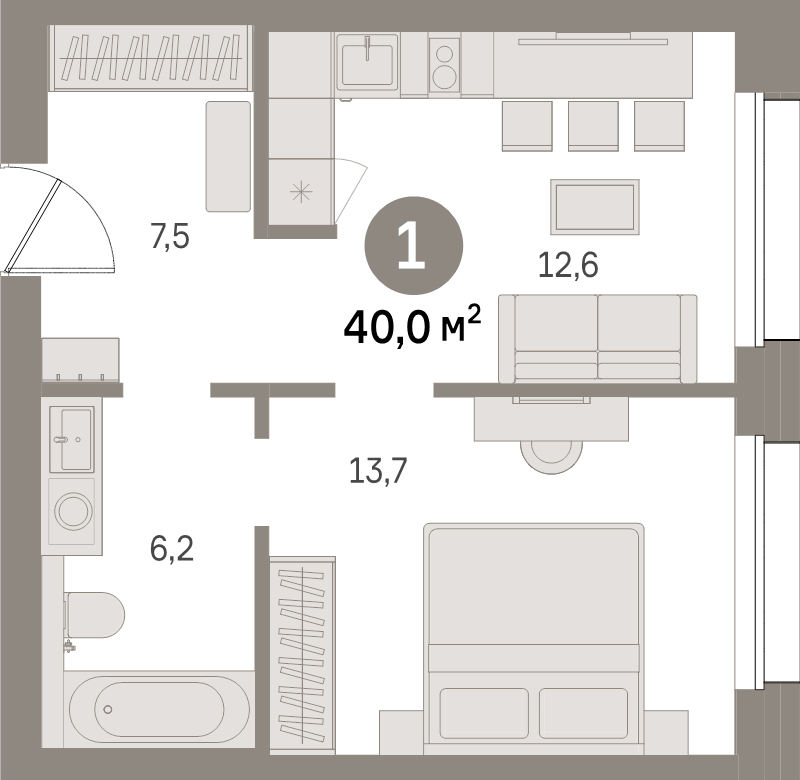 1-комнатная квартира, 40 м² в ЖК "Северный ветер" - планировка, фото №1