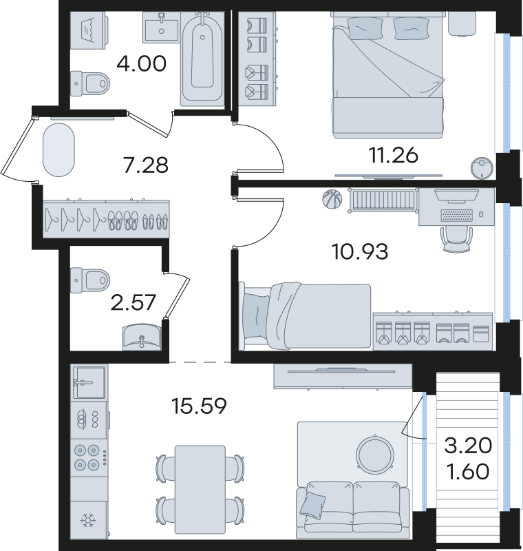 3-комнатная (Евро) квартира, 53.23 м² в ЖК "Парголово" - планировка, фото №1