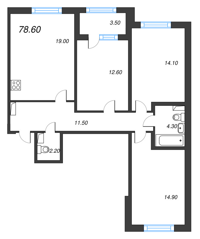 4-комнатная (Евро) квартира, 78.6 м² - планировка, фото №1