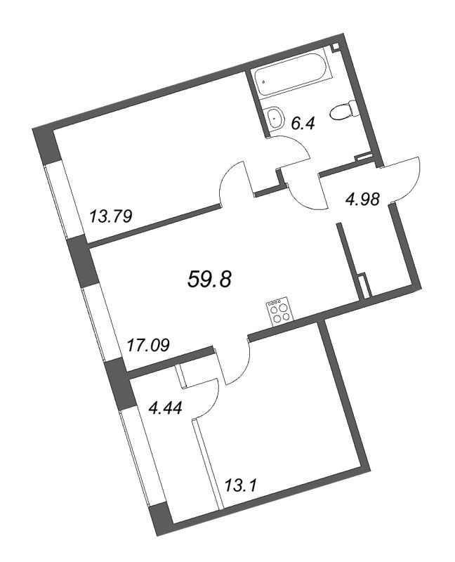 3-комнатная (Евро) квартира, 59.8 м² - планировка, фото №1