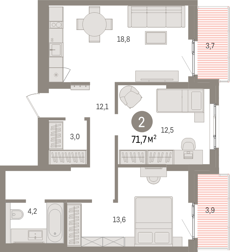 3-комнатная (Евро) квартира, 71.7 м² в ЖК "Брусника в Новоселье" - планировка, фото №1