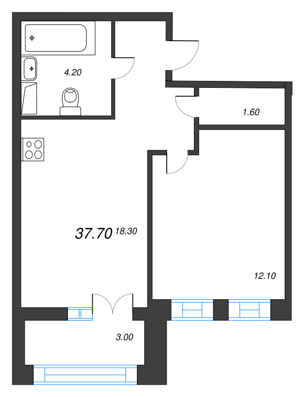 1-комнатная квартира, 37.7 м² - планировка, фото №1