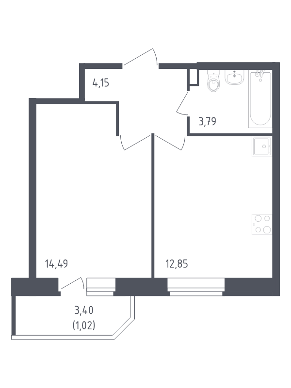 1-комнатная квартира, 36.3 м² в ЖК "Живи! В Рыбацком" - планировка, фото №1