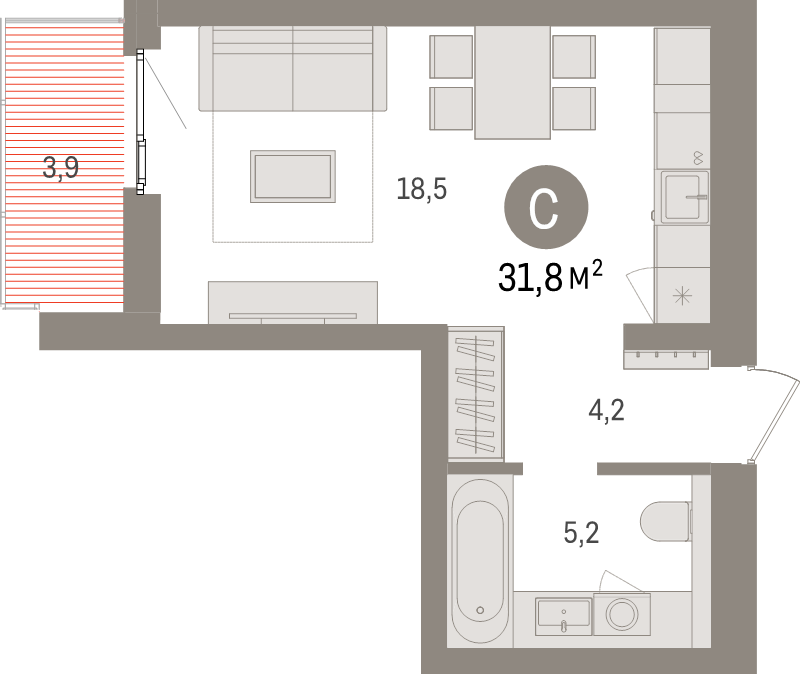 Квартира-студия, 31.8 м² - планировка, фото №1