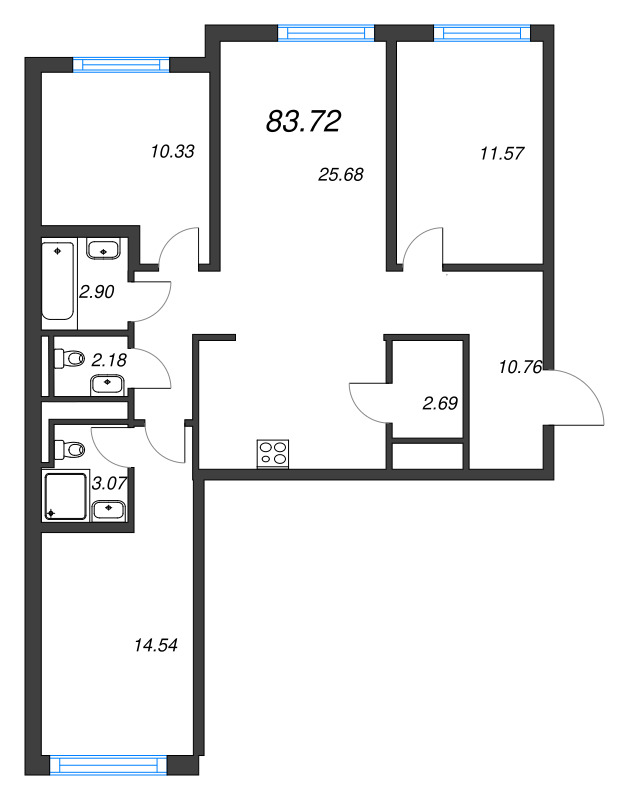 4-комнатная (Евро) квартира, 83.72 м² в ЖК "Legenda Васильевского" - планировка, фото №1