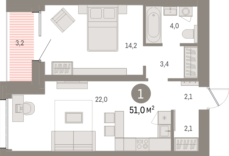 2-комнатная (Евро) квартира, 51 м² в ЖК "Северный ветер" - планировка, фото №1
