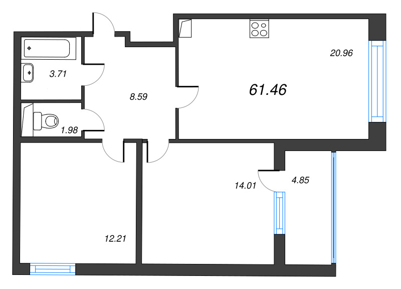 3-комнатная (Евро) квартира, 61.46 м² в ЖК "ЮгТаун" - планировка, фото №1