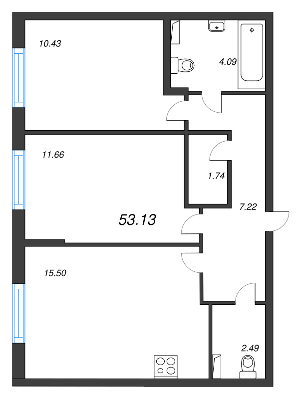 3-комнатная (Евро) квартира, 53.13 м² - планировка, фото №1