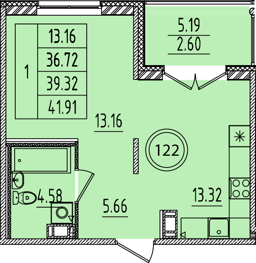 1-комнатная квартира, 36.72 м² в ЖК "Образцовый квартал 14" - планировка, фото №1