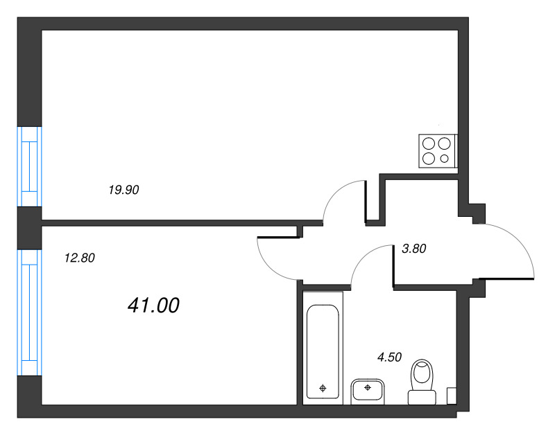 2-комнатная (Евро) квартира, 41 м² - планировка, фото №1