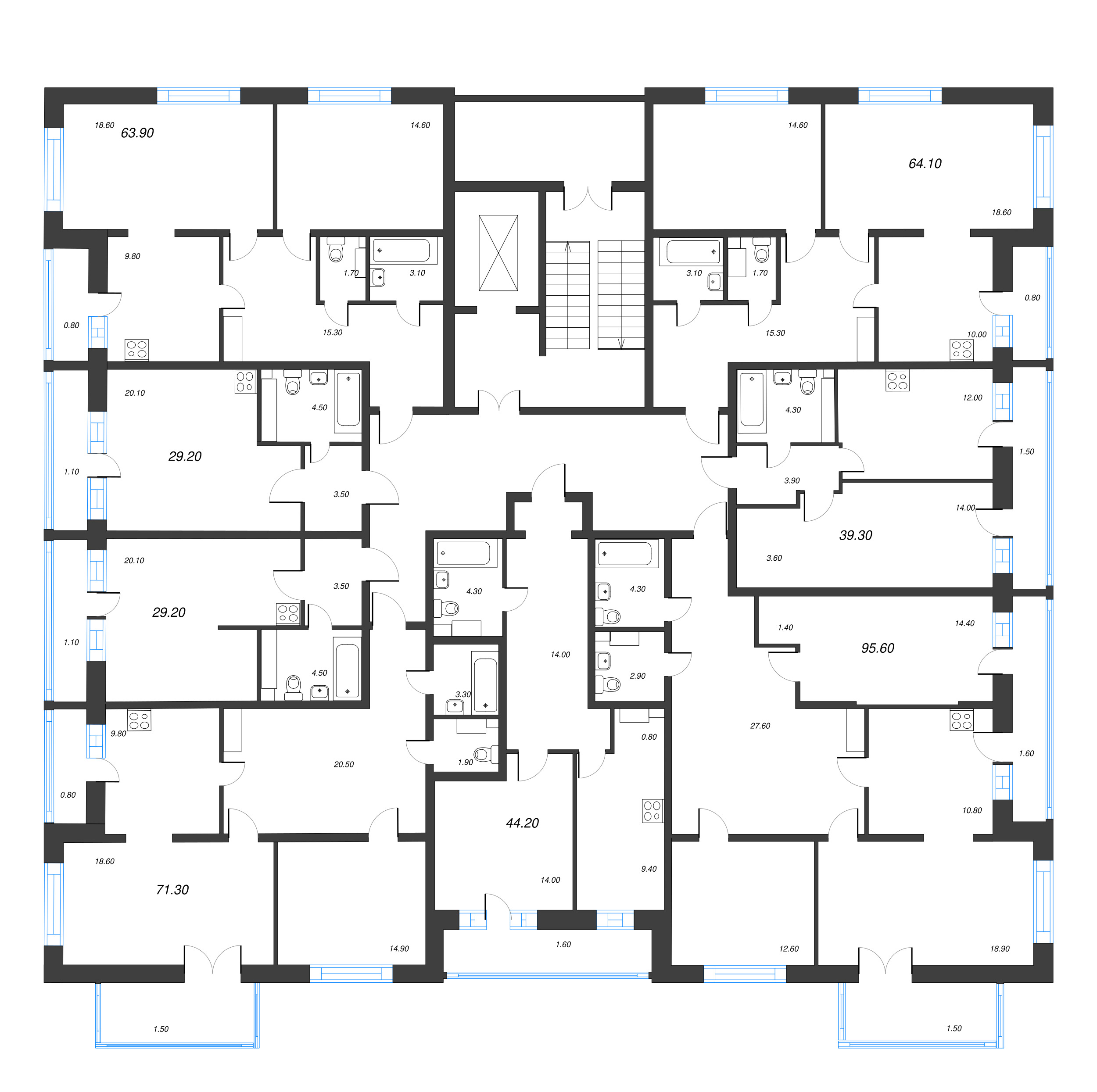 3-комнатная квартира, 95.95 м² - планировка этажа