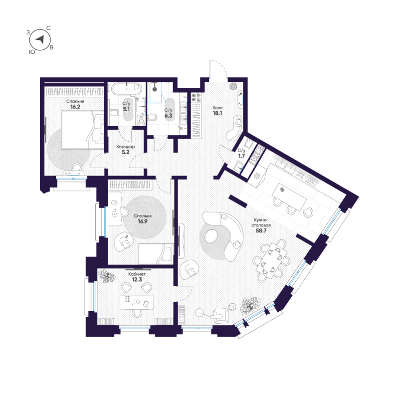 4-комнатная (Евро) квартира, 140.5 м² в ЖК "Mariinka Deluxe" - планировка, фото №1