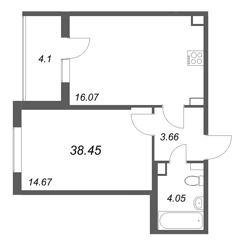 2-комнатная (Евро) квартира, 38.45 м² в ЖК "Любоград" - планировка, фото №1