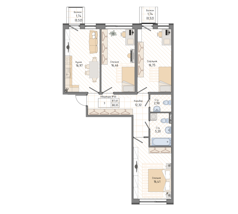 3-комнатная квартира, 88.05 м² в ЖК "Мануфактура James Beck" - планировка, фото №1