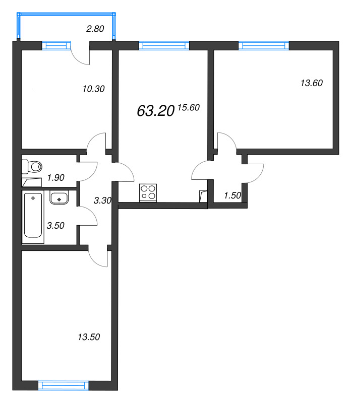 3-комнатная (Евро) квартира, 64 м² в ЖК "Ручьи" - планировка, фото №1