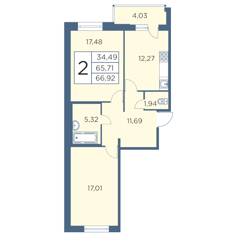 2-комнатная квартира, 66.56 м² - планировка, фото №1