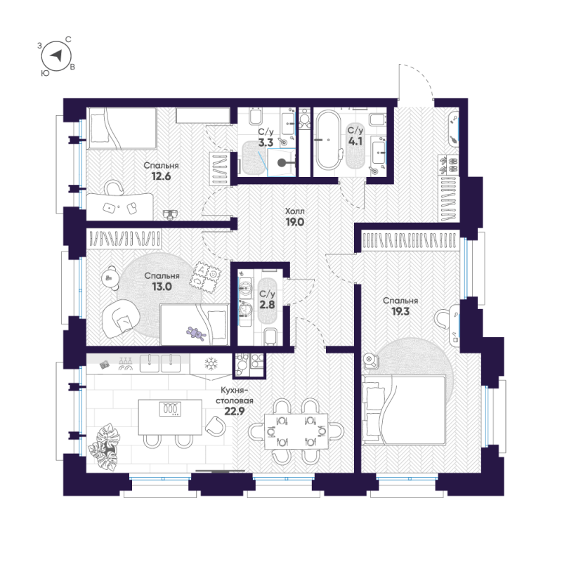 4-комнатная (Евро) квартира, 97 м² в ЖК "Mariinka Deluxe" - планировка, фото №1
