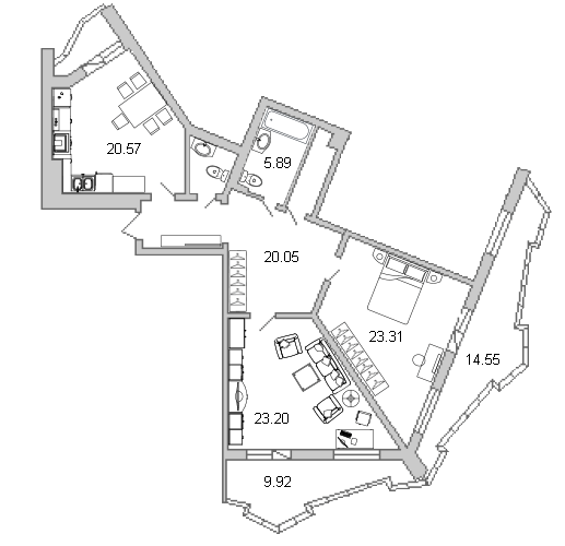 2-комнатная квартира, 107.1 м² - планировка, фото №1