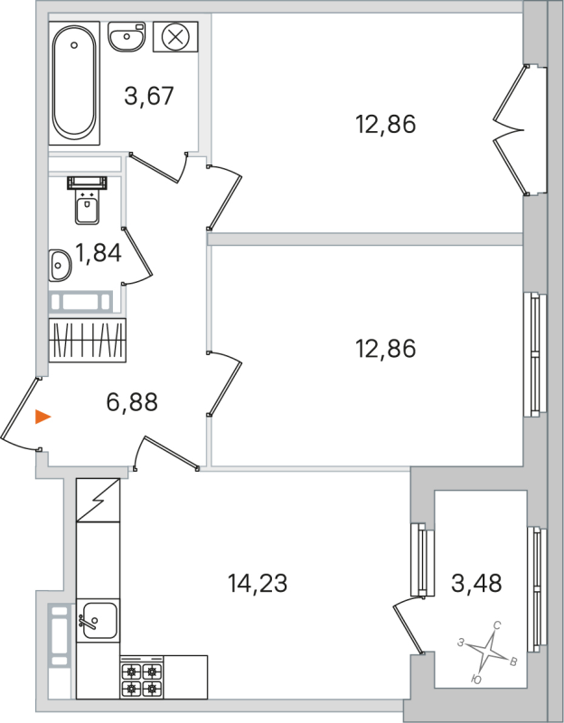 2-комнатная квартира, 52.34 м² в ЖК "Дубровский" - планировка, фото №1