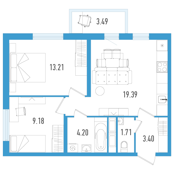 3-комнатная (Евро) квартира, 52.14 м² - планировка, фото №1