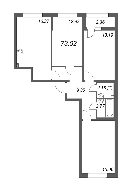 4-комнатная (Евро) квартира, 73.02 м² в ЖК "Морская набережная" - планировка, фото №1