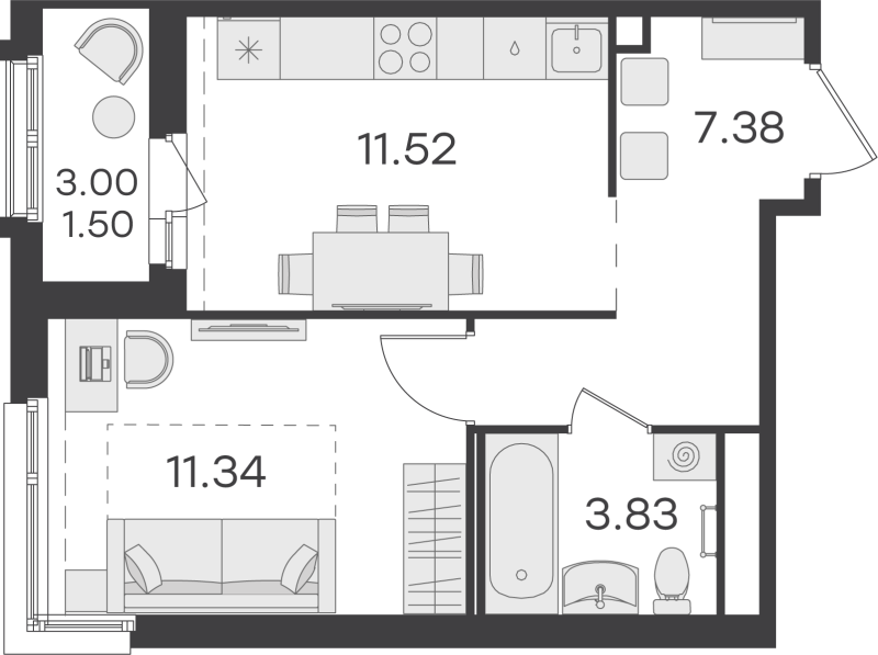 1-комнатная квартира, 35.57 м² в ЖК "GloraX Парголово" - планировка, фото №1
