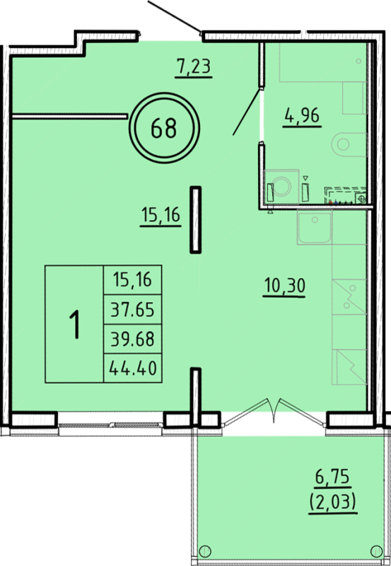 1-комнатная квартира, 37.65 м² в ЖК "Образцовый квартал 16" - планировка, фото №1