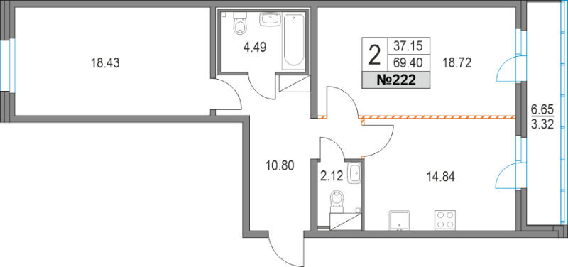 2-комнатная квартира, 69.4 м² в ЖК "Приморский квартал" - планировка, фото №1