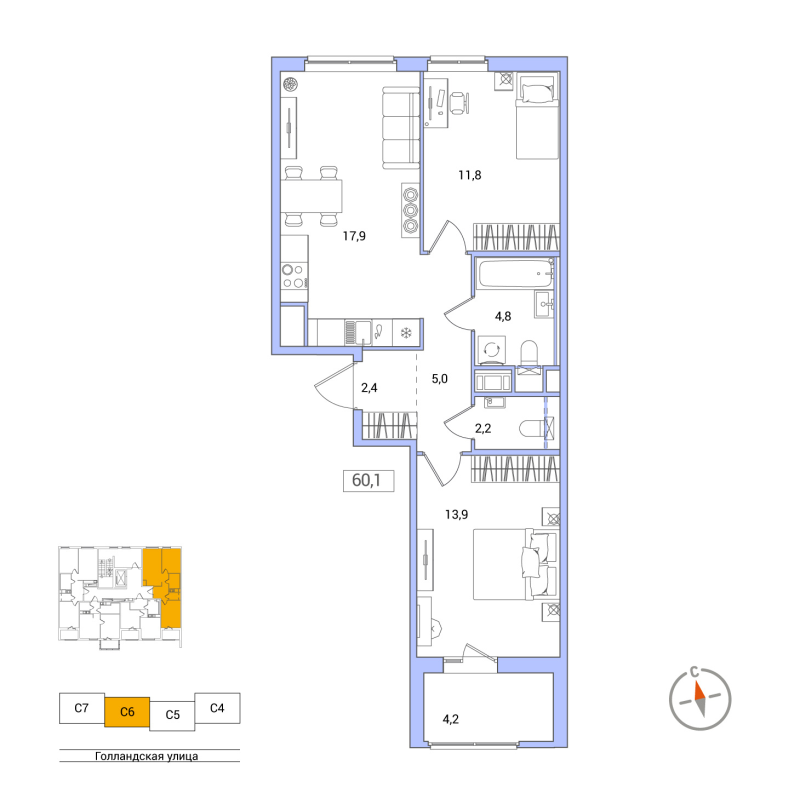 3-комнатная (Евро) квартира, 60.1 м² - планировка, фото №1