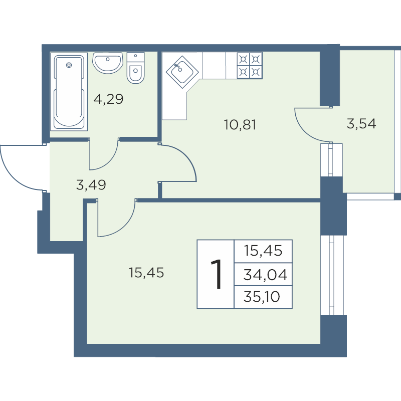 1-комнатная квартира, 34.75 м² - планировка, фото №1