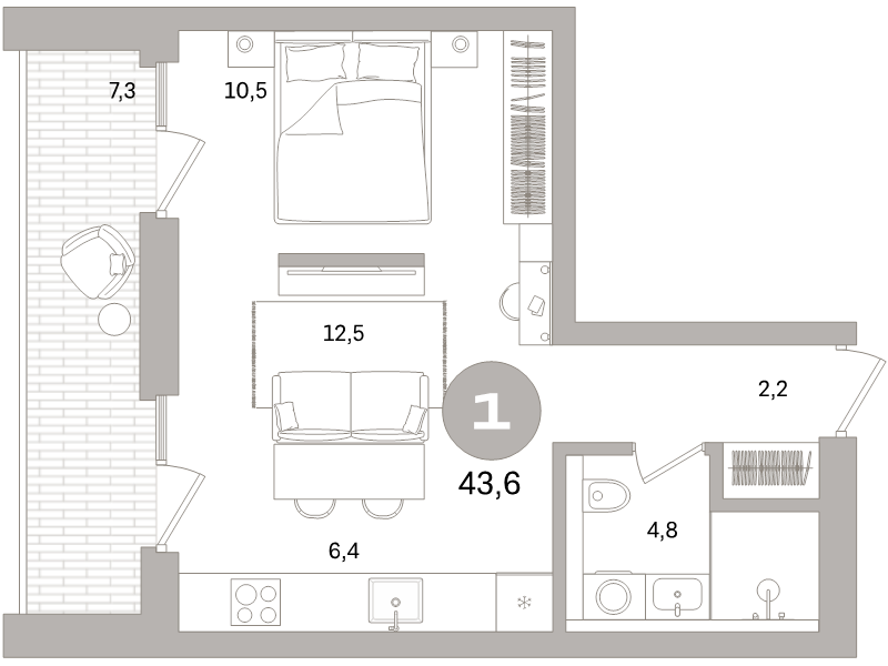 2-комнатная (Евро) квартира, 43.6 м² в ЖК "Северный ветер" - планировка, фото №1